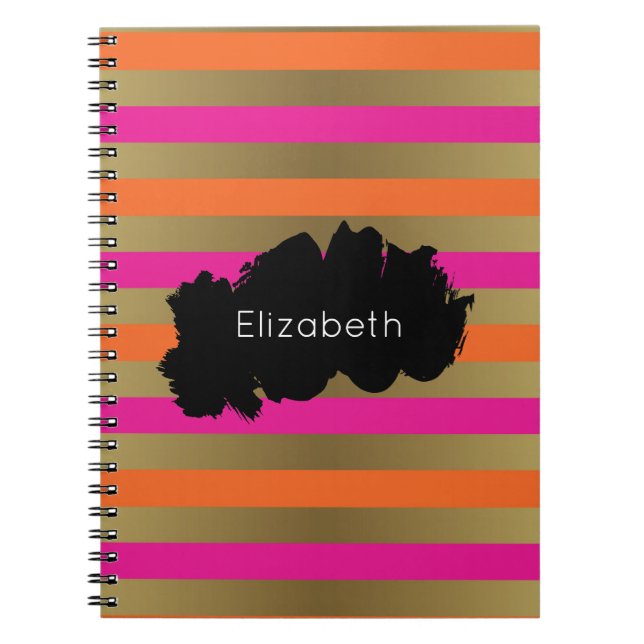 Pink, Orange & Faux Metallic Gold Stripes Custom Notebook (Front)