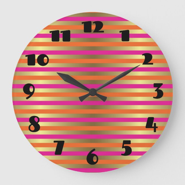 Pink, Orange & Faux Metallic Gold Stripes Large Clock (Front)