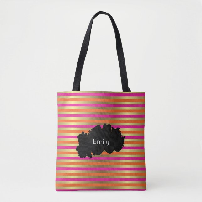 Pink, Orange & Faux Metallic Gold Stripes Tote Bag (Front)