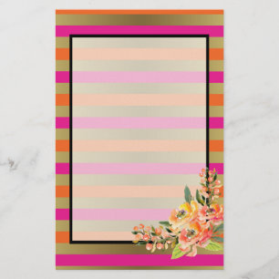 Pink, Orange & Faux Metallic Stripes w/ Florals Stationery