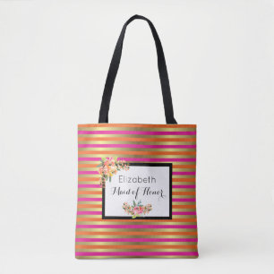 Pink, Orange & Faux Metallic Stripes w/ Florals Tote Bag