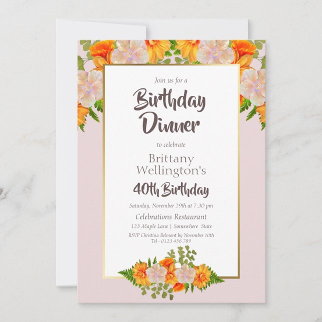 Pink Orange Floral 40th Birthday Party Invitation (Front)
