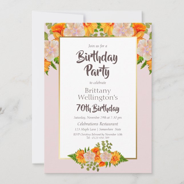 Pink Orange Floral 70th Birthday Party Invitation (Front)