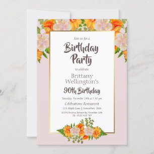 Pink Orange Floral 90th Birthday Party Invitation