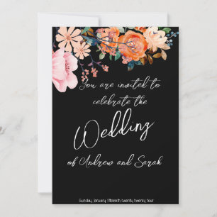 Pink  & Orange Floral and Gold Wedding Invitation