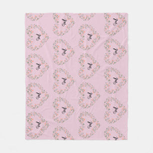 Pink Orange Floral and Greenery Heart Monogram Fleece Blanket