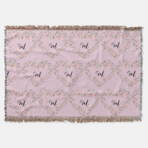 Pink Orange Floral and Greenery Heart Monogram Throw Blanket