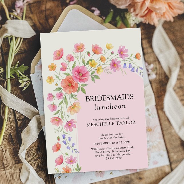 Pink Orange Floral Arch Bridesmaids Luncheon Invitation (Bridesmaids Luncheon invitation from the Wildflower Bloom wedding collection by Darling & May)