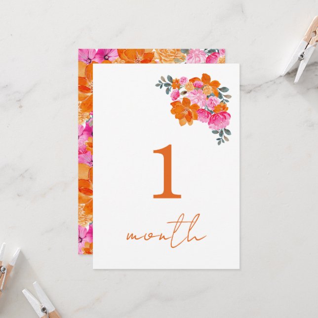 Pink Orange Floral Baby Monthly Milestone Card (Front/Back In Situ)