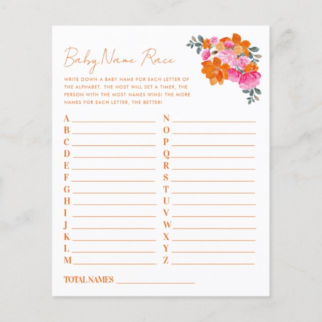 Pink Orange Floral Baby Name Race Baby Shower Game (Front)