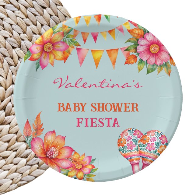 Pink Orange Floral Blue Fiesta Baby Shower Paper Plate (Creator Uploaded)