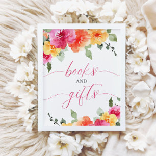Pink orange floral books and gifts baby shower poster