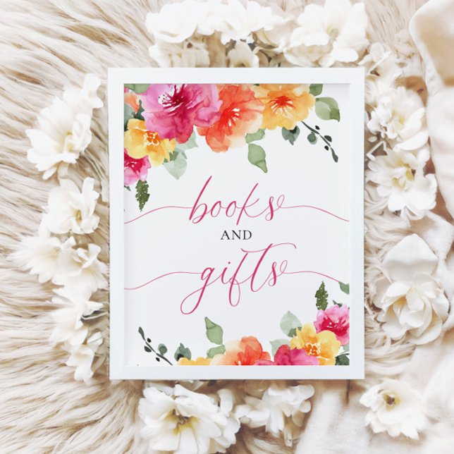 Pink orange floral books and gifts baby shower poster (Creator Uploaded)