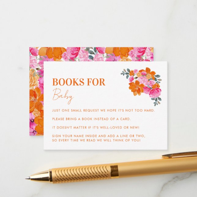 Pink Orange Floral Books For Baby Girl Baby Shower Enclosure Card (Front/Back In Situ)