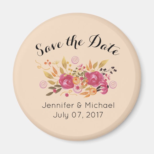 Pink & Orange Floral Bouquet Save The Date Wedding Magnet (Front)