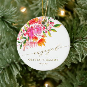 Pink Orange Floral Custom Engagement Christmas Ceramic Ornament