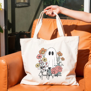 Pink Orange Floral cute ghost Halloween Large Tote Bag