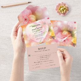Pink Orange Floral Elegant Romantic Glow Wedding All In One Invitation