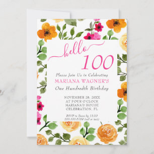 Pink Orange Floral Elegant Script 100th Birthday Invitation