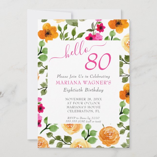Pink Orange Floral Elegant Script 80th Birthday Invitation (Front)