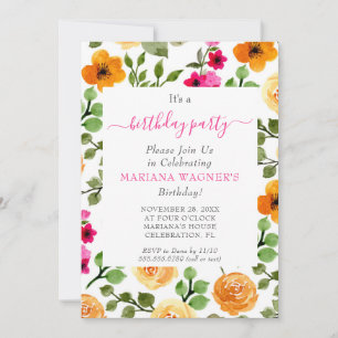 Pink Orange Floral Elegant Script Birthday Party Invitation