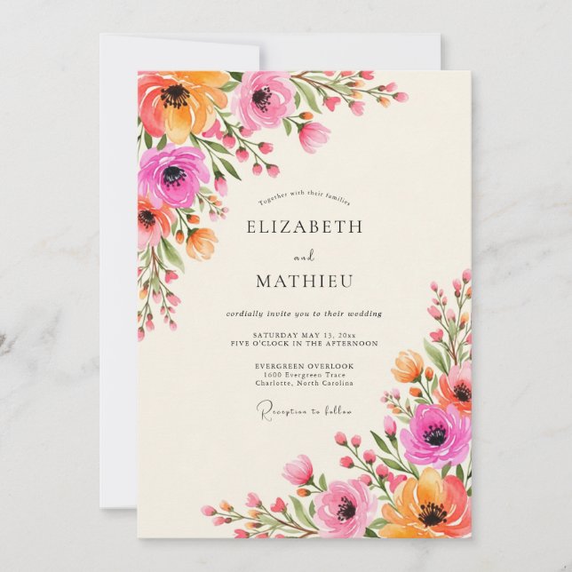 Pink Orange Floral Flourish Wedding Invitation (Front)
