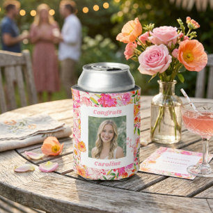 Pink Orange Floral Graduation Party Photo 2026 Can Cooler