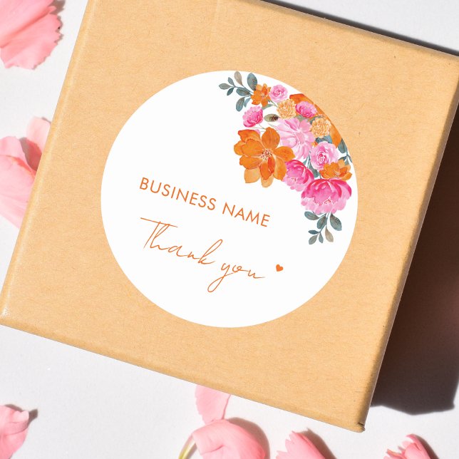 Pink Orange Floral Heart Small Business Thank You Classic Round Sticker (Creator Uploaded)