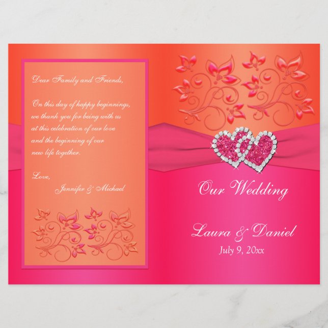 Pink Orange Floral, Hearts Wedding Program (Front)