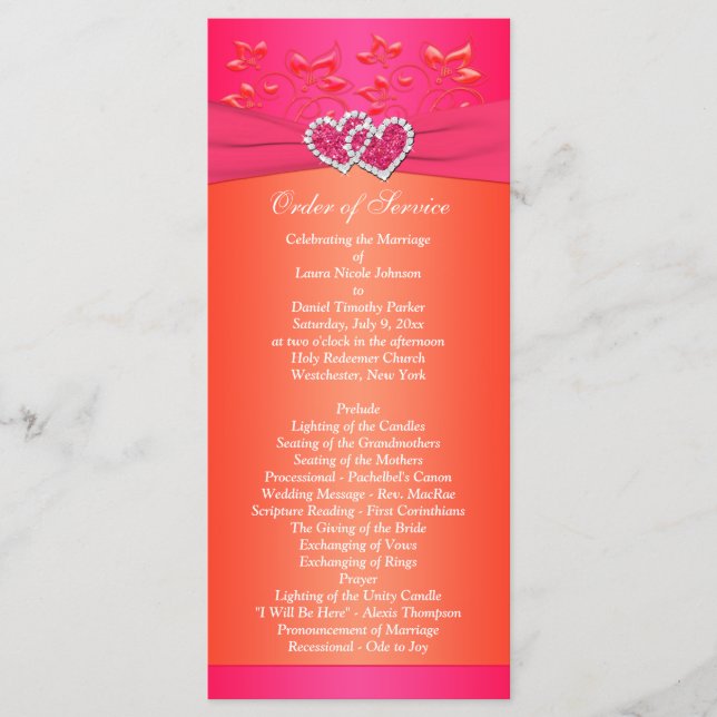 Pink Orange Floral, Hearts Wedding Program 2 (Front)