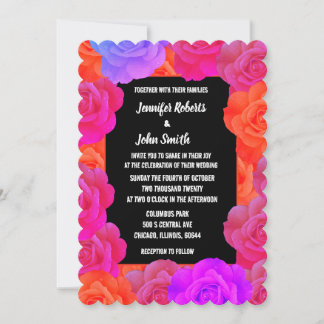 Pink Orange Floral Purple QR Code Rose Wedding Invitation