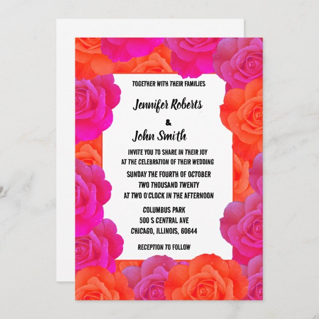 Pink Orange Floral QR Code Rose Patterns Wedding Invitation (Front/Back)