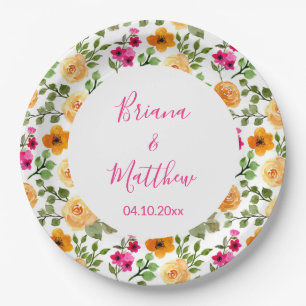 Pink Orange Floral Script Paper Plate