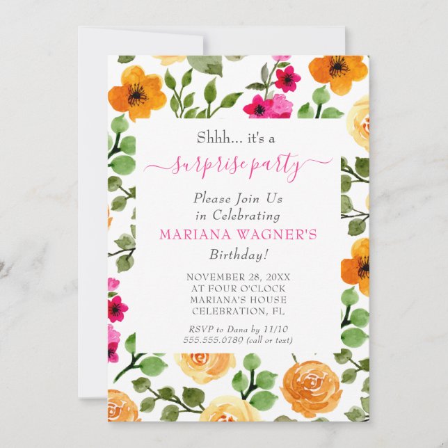 Pink Orange Floral Script Surprise Birthday Party Invitation (Front)