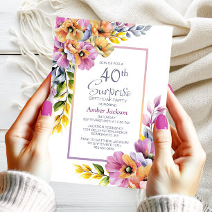 Pink Orange Floral Surprise 40th Birthday Party Invitation