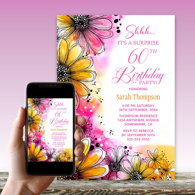 Pink Orange Floral Surprise 60th Birthday Party Invitation (Creator Uploaded)