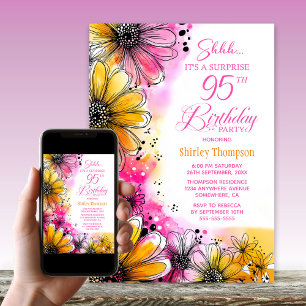 Pink Orange Floral Surprise 95th Birthday Party Invitation