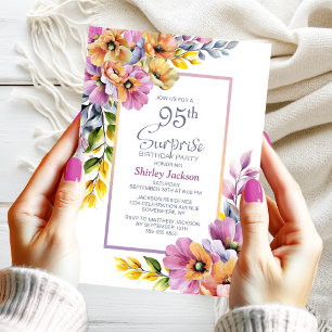 Pink Orange Floral Surprise 95th Birthday Party Invitation