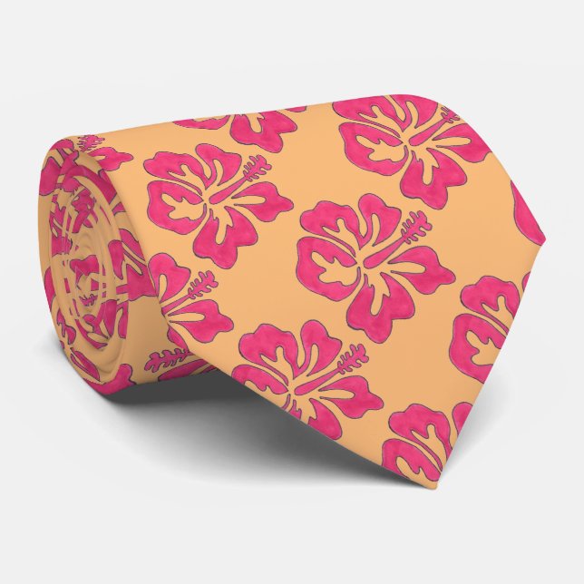 Pink Orange Floral Tropical Hibiscus Flower Tie (Rolled)
