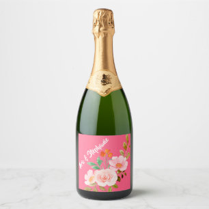 Pink Orange Floral Watercolor Wedding Sparkling Wine Label