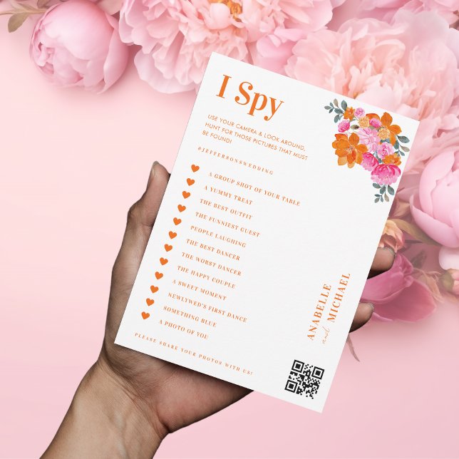 Pink & Orange Floral Wedding I Spy Hunt Game Card (Creator Uploaded)