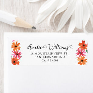 Pink Orange Floral Whimsical Script Return Address Label