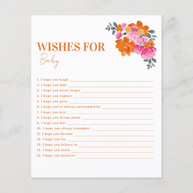 Pink & Orange Floral Wishes For Baby Advice Card (Front)