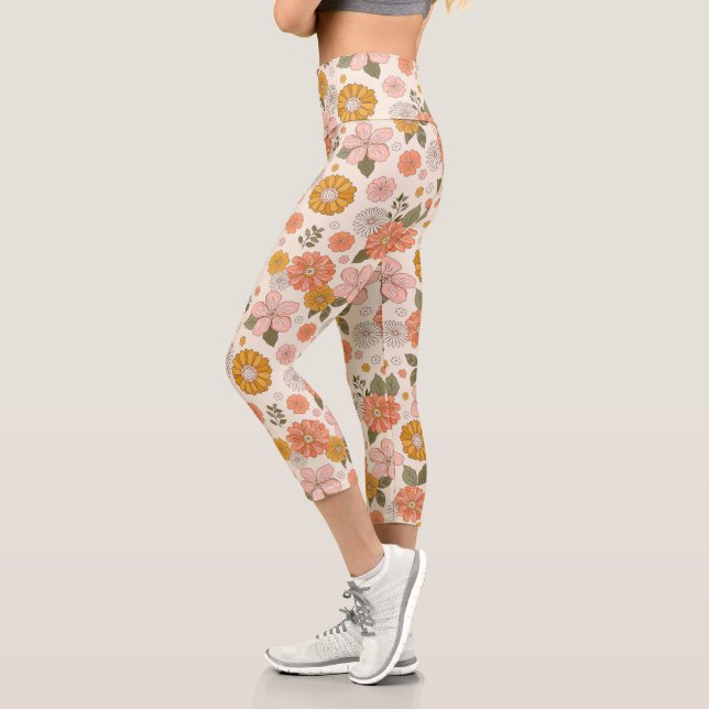 Pink & Orange Flower Garden Pattern Capri Leggings (Left)