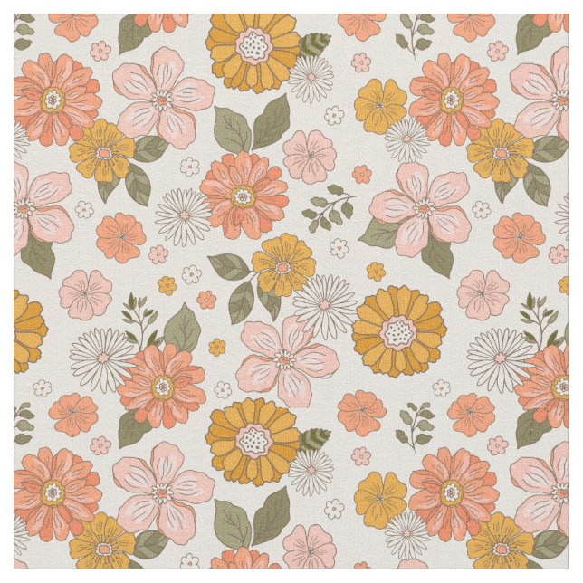 Pink & Orange Flower Garden Pattern Fabric (Close Up)
