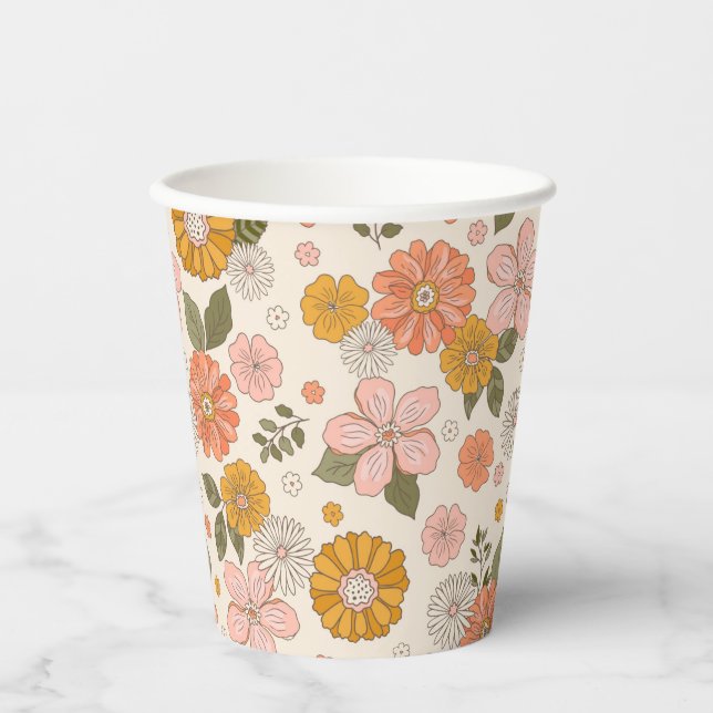 Pink & Orange Flower Garden Pattern Paper Cups (Front)