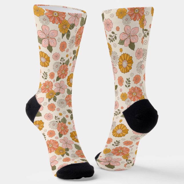 Pink & Orange Flower Garden Pattern Socks (Angled)