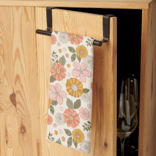 Pink & Orange Flower Garden Pattern Tea Towel