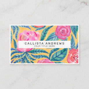 Pink Orange Flowers Leaves Watercolor Monogram Business Card