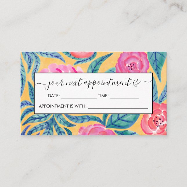 Pink Orange Flowers Leaves Watercolor Pattern Appointment Card (Front)